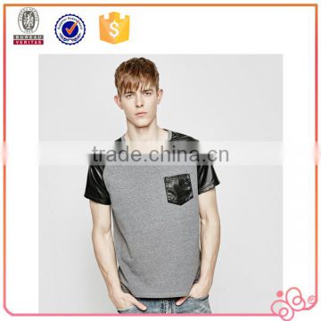 Pure cotton leather sleeve t shirts with pocket PU T-shirt Casual T-shirt