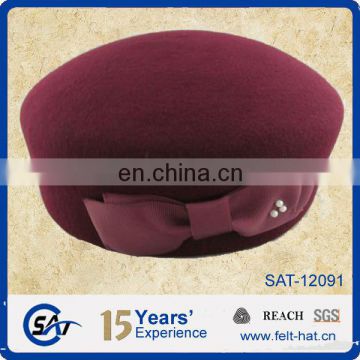 red wine quality pure wool felt pillbox hat with bowtie
