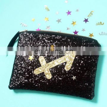 black glitter printed zodiac sign glitter clutch cosmetic bag wholesale makeup organizer bag