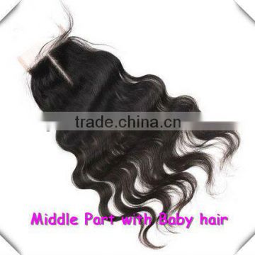 Durable Swiss Lace, China Factory Natural Body Wave, Middle Parting, Peruvian hair lace closures