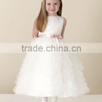Sleeveless Satin Tulle Ruffled Color Combination Organza Tiered Flower Girl Dress(FLMO-30512