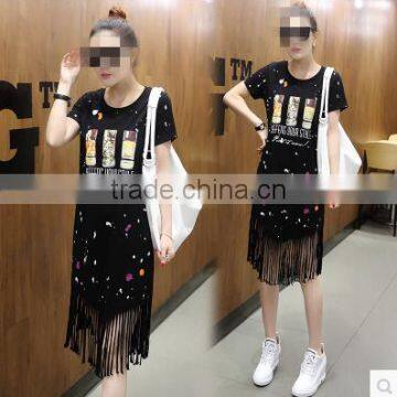 Guangzhou wholesale clothing OEM black print short sleeve midi tassels dress