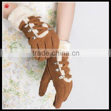 Ladies fashion double face integration fur gloves with strings