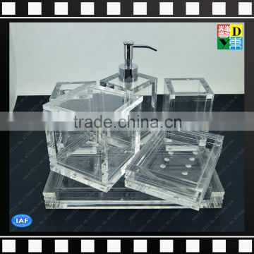 Clear acrylic bathroom set of toothbrush holder,soap dish,cotton jar,lotion pump bottle,tray and mug
