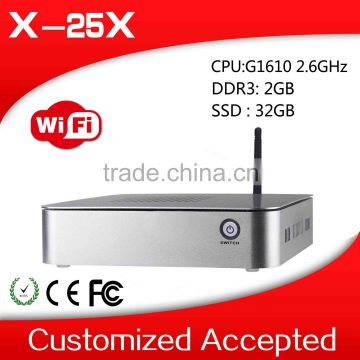 2014 powerful dual core mini pc x-25x G1610 2.6Ghz thin client 2g ram 32g ssd win7 office digital used pc server
