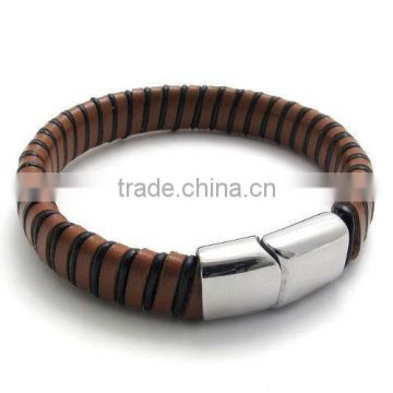 Fashion Leather Cord Bracelet, with stainless steel clasp, fancy stripes designs, great for wholesale as counter resales