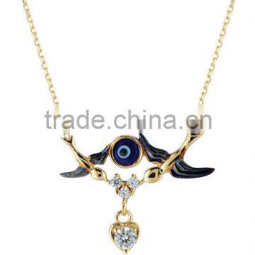 14K Solid Gold Swallow Evil Eye Charm Necklace