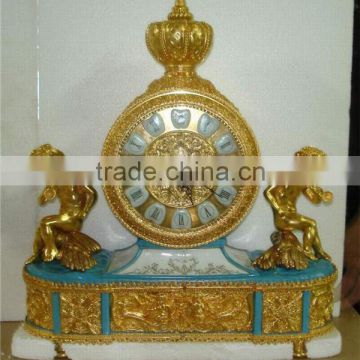 Emperial Cellectable World Treasure Gold Plated Brass Engraved Table Clock, Noble Crown Turquoise Ceramic Decorative Desk Clock