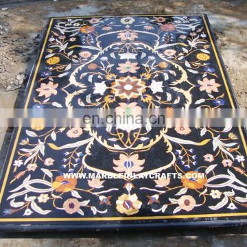 Black Marble Inlay Dining Table Tops, Handmade Marble Inlay Table Top