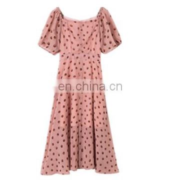 2020 New French Retro Polka Dot Dress Xia Nv Strapless Shoulder Short Sleeve Chiffon Skirt Factory Direct