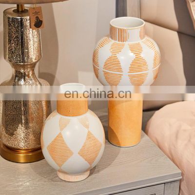 High-end Living Room Modern Luxury Orange Porcelain Irregular Shape Decorative Ceramic Vase Set For Home Decor