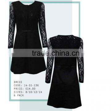 2014 new fashion elegant small quantity wholesales long sleevesless lace and leather patchwork ladies dress