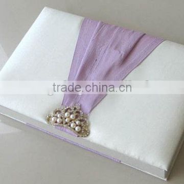 Silk Wedding Invitation Box with rhinestone brooch and ribbon WHOLESALE