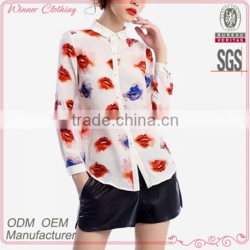 2015 new fashion casual OEM long sleeve front open blouse shirt girls print chiffon blouse with Mandarin Collar