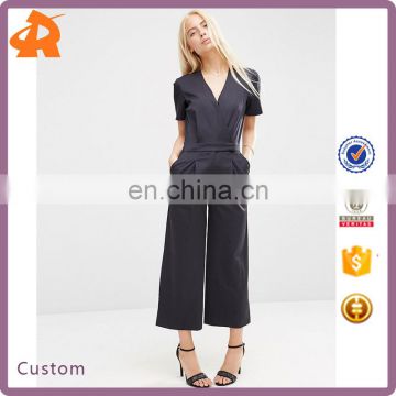 Fashion High Quality Short Sleeve V Neck Wrap Front Jumpsuit Uniform Women