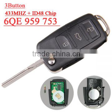 High Quality 6QE 959 753 3 button Flip remote key with 433MHZ for vw