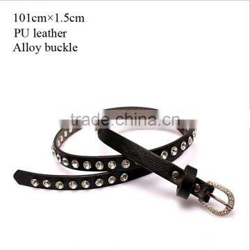 Fashion rhinestone decorated pin buckle sex girl black thin PU waist belt