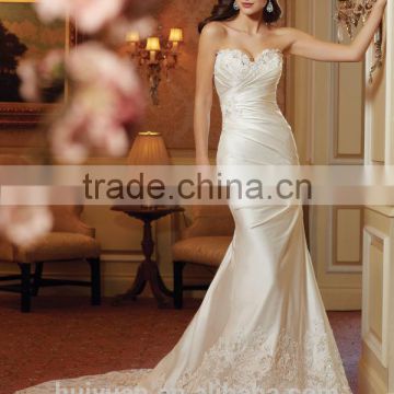ivory satin lace beaded mermaid strapless puffy wedding dress