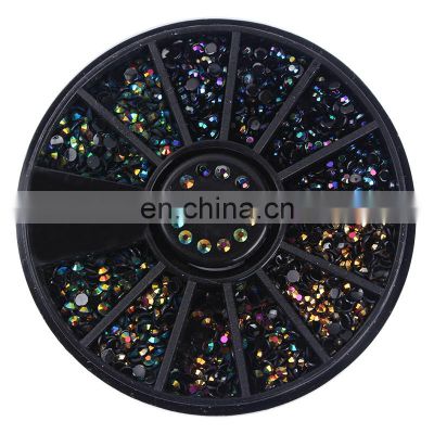 1 Box Black Shiny Nail Rhinestones 3D Art Decorations in Wheel Flat Bottom Manicure DIY Accessories