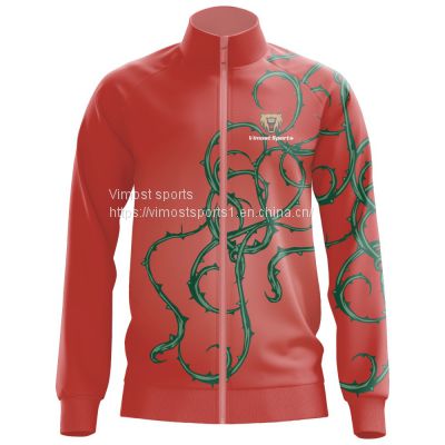 Custom Sublimation Red Jacket of Green Brambles Pattern with White Zipper