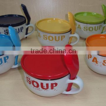 6 Pieces Ceramic Stoneware Soup Bowl Set With Spoon And Cover