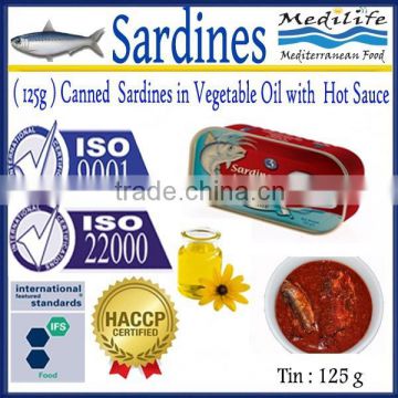 (125 g ) Canned Sardines in Vegetable Oil with Hot Sauce ,High Quality canned Sardines,125g Sardines in cans with Hot Sauce