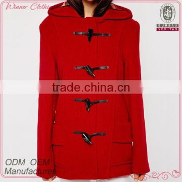 China hot selling red short women hooded wool duffle coat