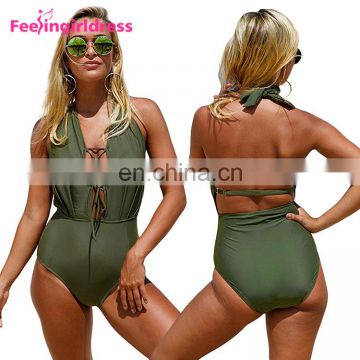 High Quality Sexy High Cut Leg Green Crotchless One Piece Swimsuit Woman