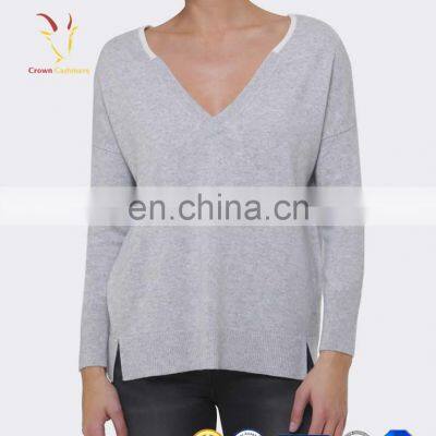 Sexy Deep V Neck Cashmere Sweater Side Slit for Women