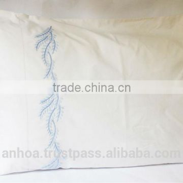 100% white cotton blue stems embroidered hemstitched pillowcases