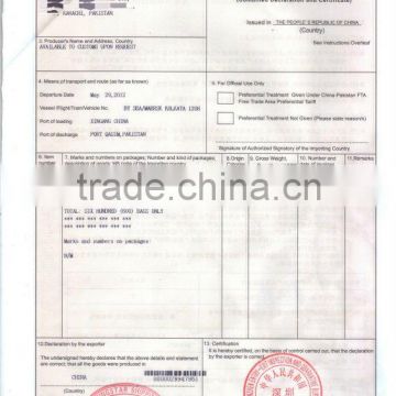 Certificate of Origin from Jianyang to Pakistan
