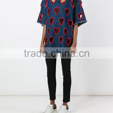 100% cotton lady denim fashionable t-shirt cutting patterns