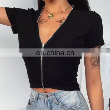 Wholesale Women Sexy Zip Up Short Sleeve Crop Tops T-shirts