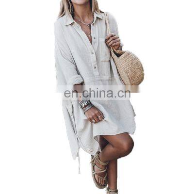 OEMManufacturer wholesale fashion trend women's casual loose cotton and linen V-neck mid-length dress plus size women's clothing