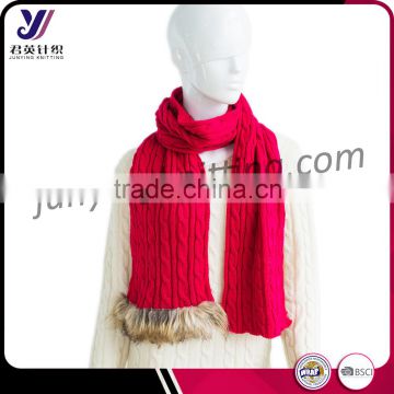 Classic red cable jacquard women knitted infinity scarf pashmina scarves with fur (Accept the design draft)