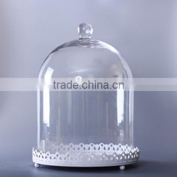 glass cake dome with metal base in white