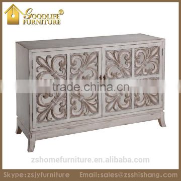 Elegant Antiqued White Carved Wood Console Cabinet