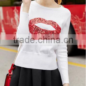 Korean top blouse lip sequins white pollover wool sweater design Women knitwear 2016