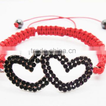 Woven shamballa red wire double heart alloy with diamond bracelet
