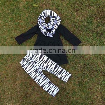 winter design baby kids wear Zebra print Girl kids clothing toddler girl clothing hot baby black top pant scarf girls set