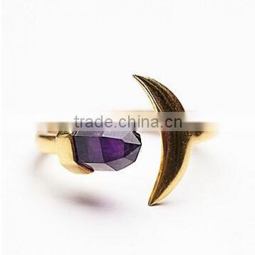 Hot alloy adjustable amethyst stone moon shape ring for girl
