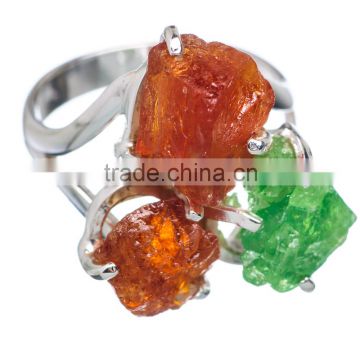 925 SOLID STERLING FINE SILVER ROUGH CITRINE & CHROME DIOPSIDE RING
