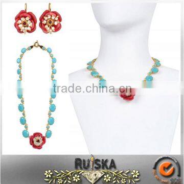 Red Alloy Flower Necklace And Earring Sets