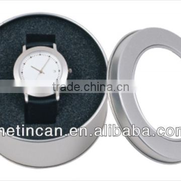 metal circle watch tin case package with clear top