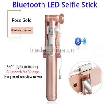 OEM Mini Monopod Bluetooth Selfie Stick with 360 Degree LED Light and Mirror
