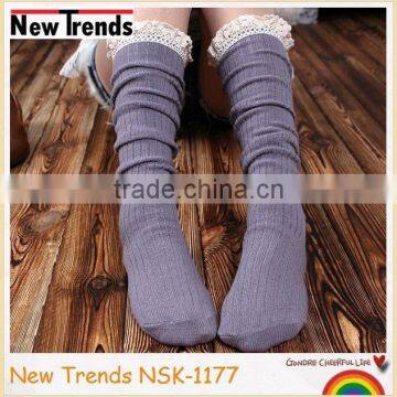 Fashion girl grey cotton sock crochet top socks knee high tube