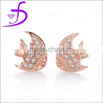 925 silver silver fish shape stud earring pave setting rhodium plated