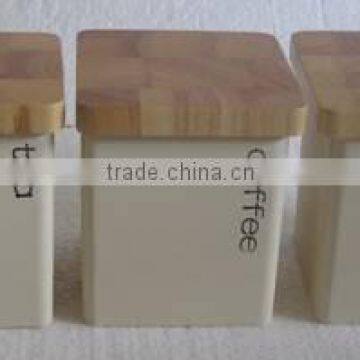 Ceramic Dolomite Cream Food Canister With Wooden Color Cover