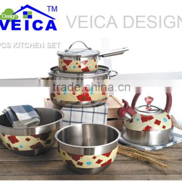 sales champion 7pcs modern figure design kitchen cast iron cookware set whistling kettle salad bowl saucepan casserole