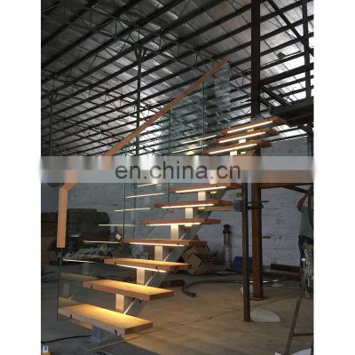 Modern Design Interior Straight Wooden Floating Stair Tread Steps And Tempered Glass Panel Railing Handrail Staircase System